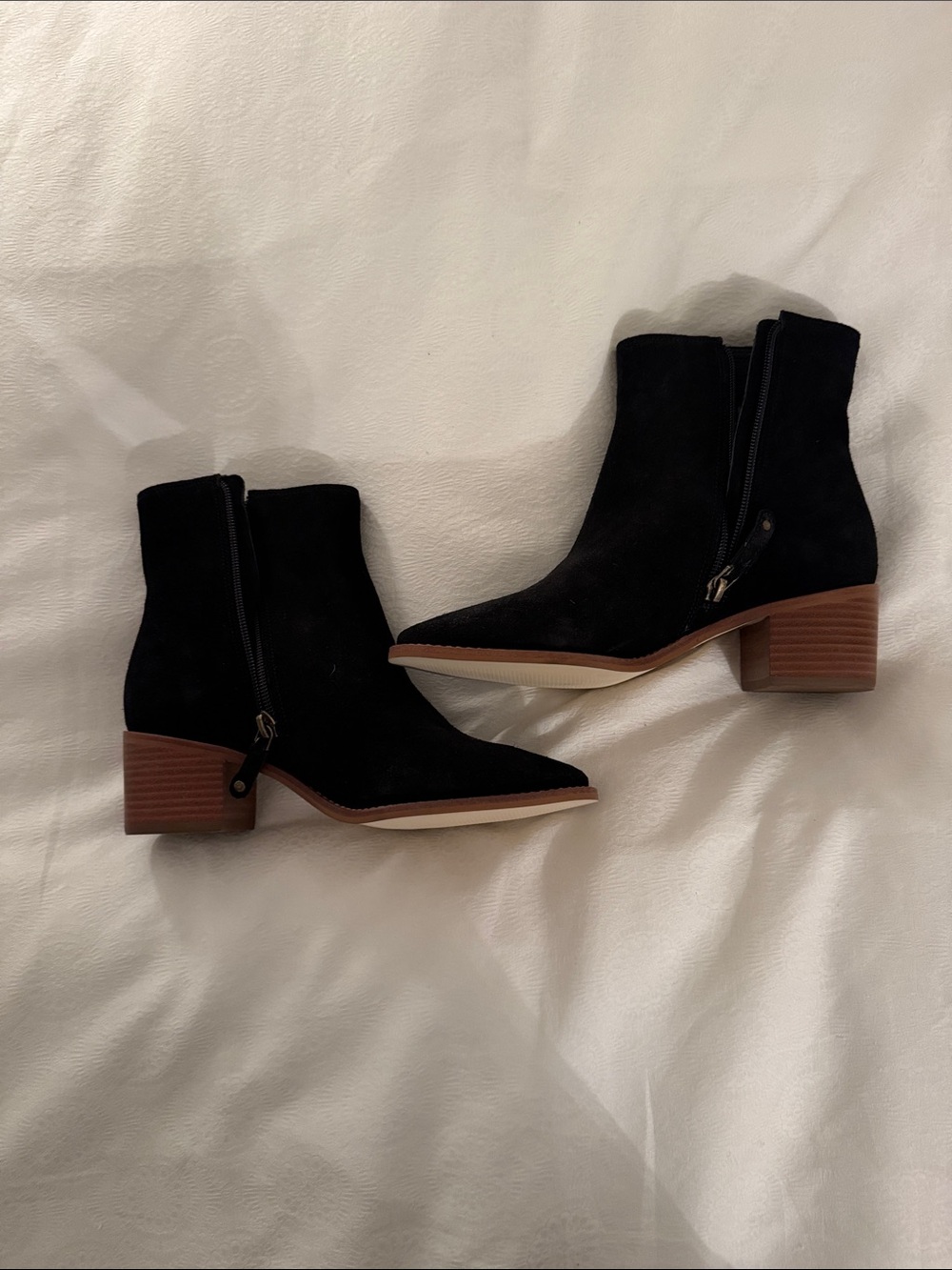 Saludos Black Suede Ankle Booties with Stacked Block Heel Never Worn